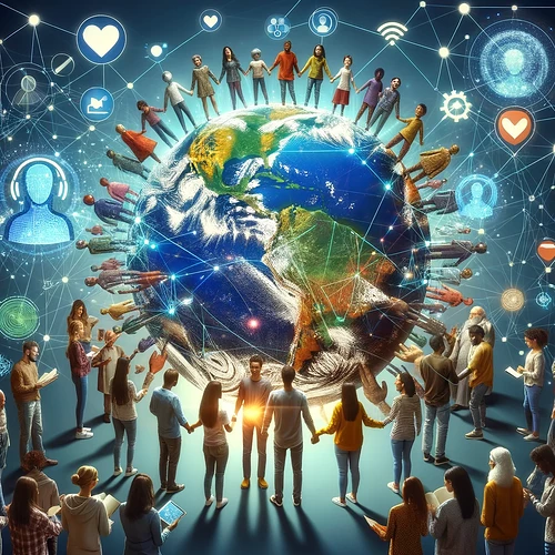 Create an image that symbolizes 'Global Empathy Through Understanding', depicting a diverse group of people from various cultures and backgrounds coming together around the globe. They are sharing and learning from each other's experiences and emotions, with digital connections symbolizing AI and technology facilitating their understanding. The globe is surrounded by digital networks and symbols of empathy like hearts and handshakes, showcasing a world where technology bridges gaps and fosters a deep sense of unity and compassion among humanity.